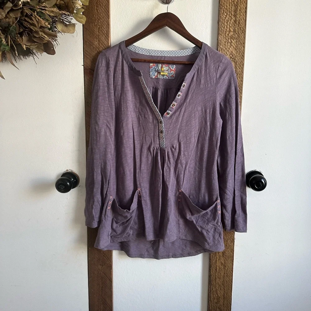 Anthropologie Little Yellow Button Calantha Tee Purple Pocket Long Sleeve Small - Picture 4 of 11